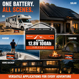 BUKNUWO 12V 100Ah Bluetooth LiFePO4 Lithium Battery, Smart 1280Wh Grade A Cells Battery For RV Boat Solar System