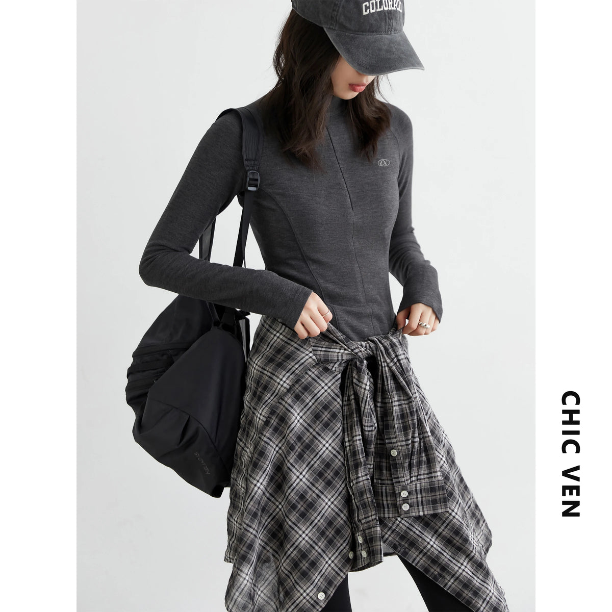 CHIC VEN New Women T-Shirts Solid Slim Half High Neck Pullover Basic Long Sleeved Tees Female Top Sports Spring Autumn 2025