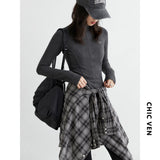 CHIC VEN New Women T-Shirts Solid Slim Half High Neck Pullover Basic Long Sleeved Tees Female Top Sports Spring Autumn 2025