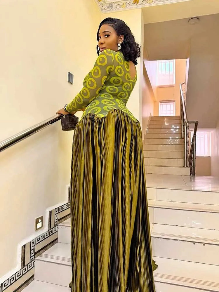 Elegant Olive Green Dresses High Waist Long Sleeve Maxi Dress for Woman Evening Party Pleated Dress Stretch Fabric for Dress