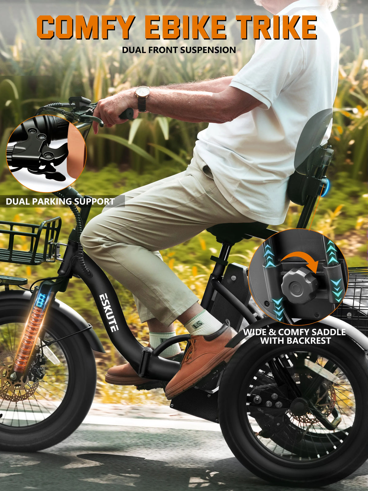 ESKUTE T300 Electric Bicycle Trike for Adults, 624Wh Battery, 1200W Motor eBIKE, 18"x3.0" Fat Tires, Foldable 3-Wheel E-Bike