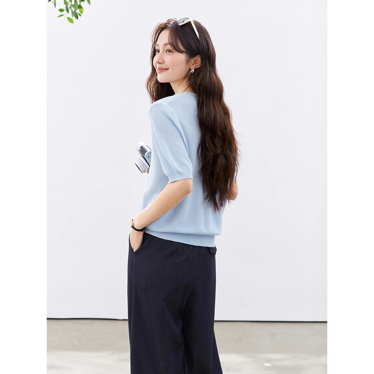 VIMLY Women's Office 2 in 1 Knit T-shirt 2026 Summer New Light Blue Fashion Casual Contrast Color Design Short Sleeve Top 30932