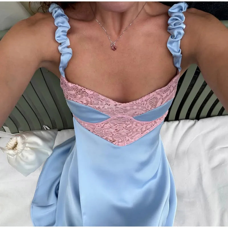 Lace Sequin Satin Spaghetti Strap Mini Dress A-Line Slim Fit 2026 Summer Delicate Women Party Dress Elegant Causal Lady Vestido