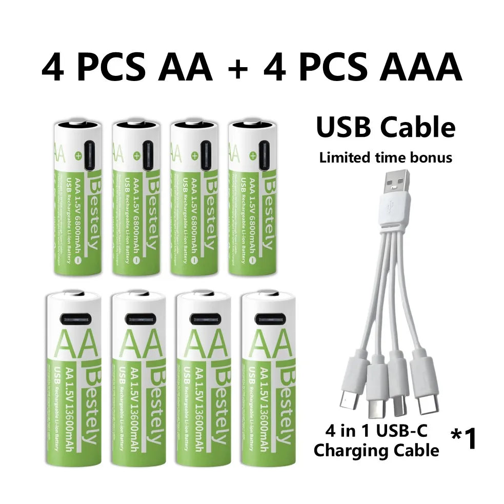 1.5V AA/AAA Li-ion Batteries 13600+6800mAh Ultra-Fast Charge 2000+ Cycles W/ Free USB-C Cable for Toys, Remote Controls, Cameras