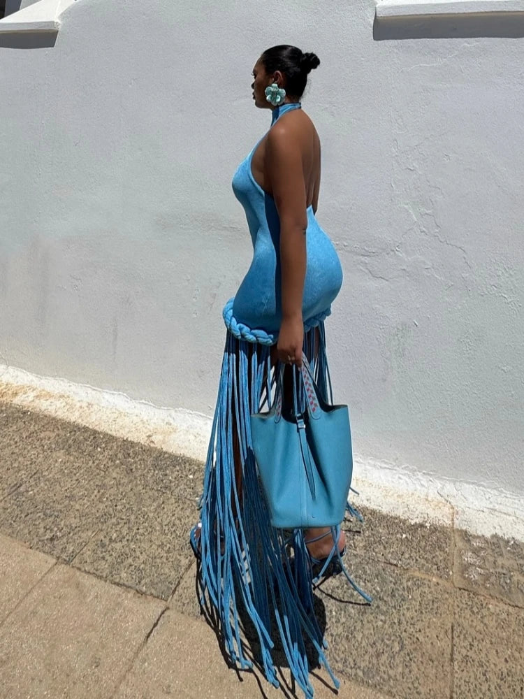 Sexy Halter Neck Patchwork Twist Knot Tassels Long Dress Women Blue Velvet Sleeveless Backless Dresses Evening Party Cocktail