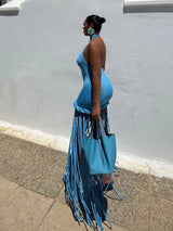 Sexy Halter Neck Patchwork Twist Knot Tassels Long Dress Women Blue Velvet Sleeveless Backless Dresses Evening Party Cocktail