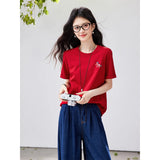 VIMLY Women's Casual Versatile Red T-Shirt 2026 Summer New Office Fashion Fun Pony Embroidery Crew Neck Short Sleeve Top A6279