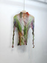Miyake Pleated Printed Top 2025 Summer New High Neck Long Sleeve Bottoming T-shirt with High Collar