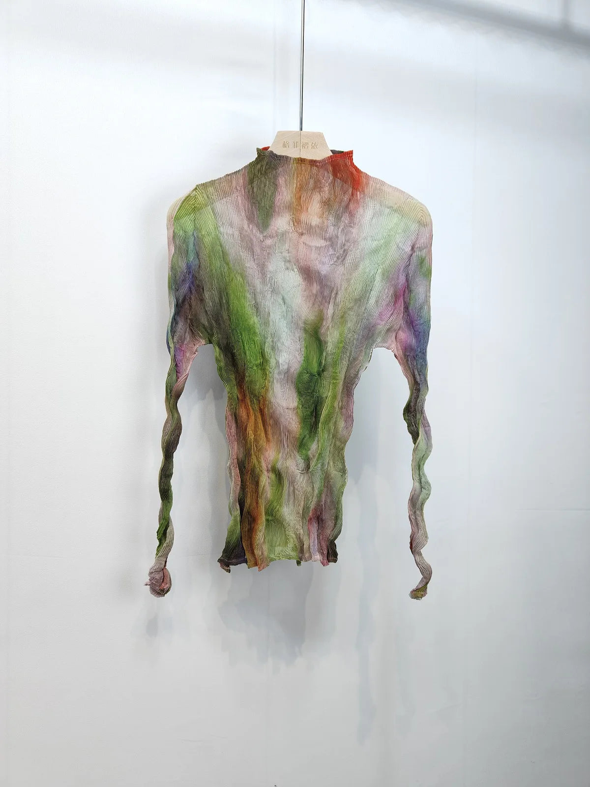 Miyake Pleated Printed Top 2025 Summer New High Neck Long Sleeve Bottoming T-shirt with High Collar