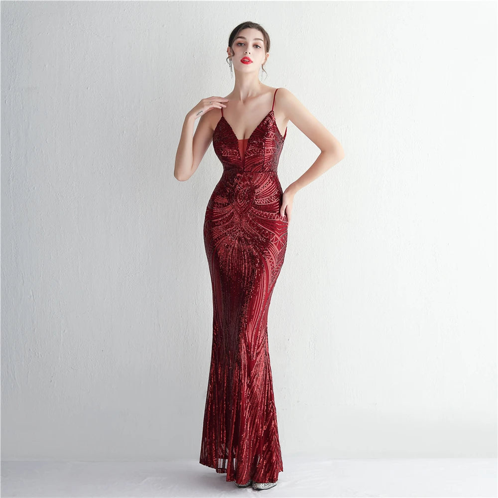HBLL Women Strap Party Maxi Dress Sexy V Neck Evening Dress Celebrity Purple Sequin Dress Long Prom Formal Occasion Dress