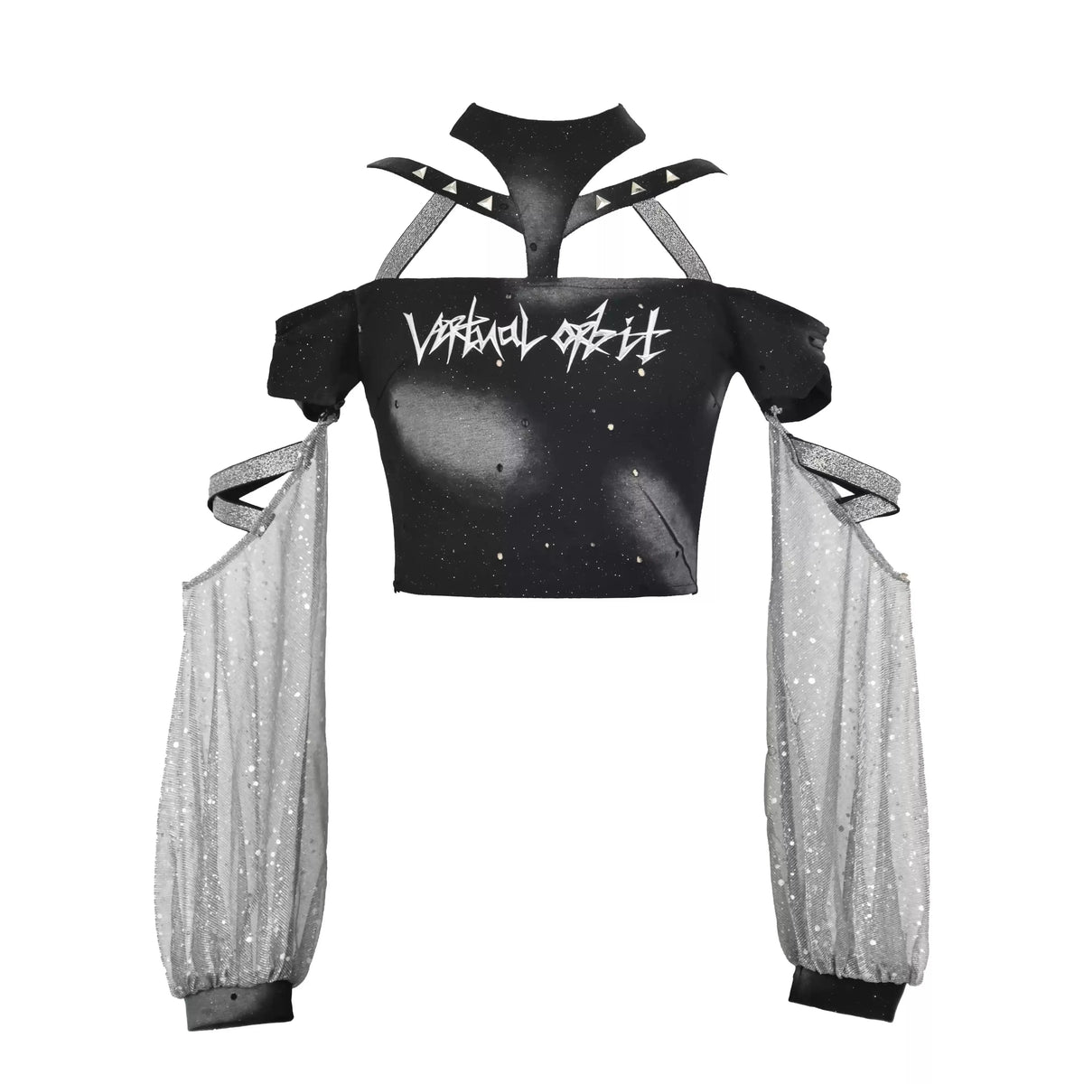 original design y3k future printing removable mesh silver sleeve two ways summer shirt halter neck black punk gothic tshirt Tee