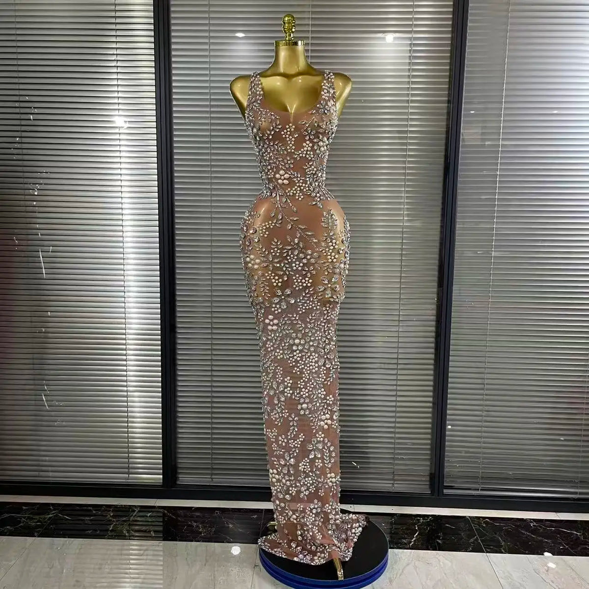 Sparkly Crystal Mesh See Through Women Sleeveless Sexy Bodycon Long Gowns Dress Evening Party Celebrate Birthday Outfit