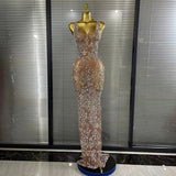 Sparkly Crystal Mesh See Through Women Sleeveless Sexy Bodycon Long Gowns Dress Evening Party Celebrate Birthday Outfit