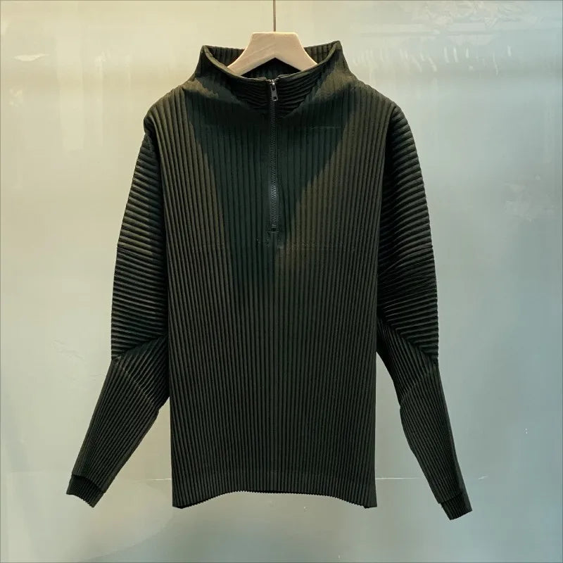 Miyake Casual Stand-up Collar Pullover Sweater Autumn and Winter New Solid Color Loose Pleated Long-sleeved Jacket Women