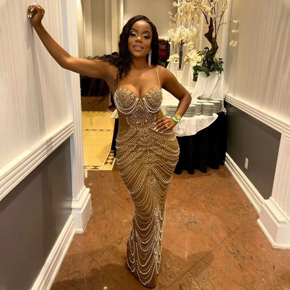 HBLL Women's Pearl Beading Rhinestone Sequin Dress Sexy Party Club Night Formal Evening Dress Hot Drilling Birthday Outfits