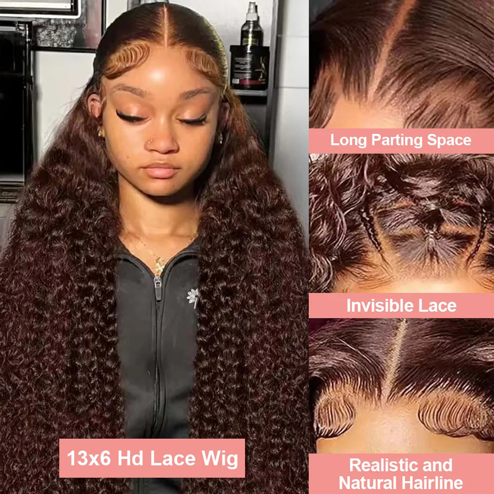 Deep Curly Human hair Wigs Chocolate Brown 13x4 13x6 Hd Lace Frontal Wig Colored Water Wave Lace Front Wig For Women 30 36 Inch