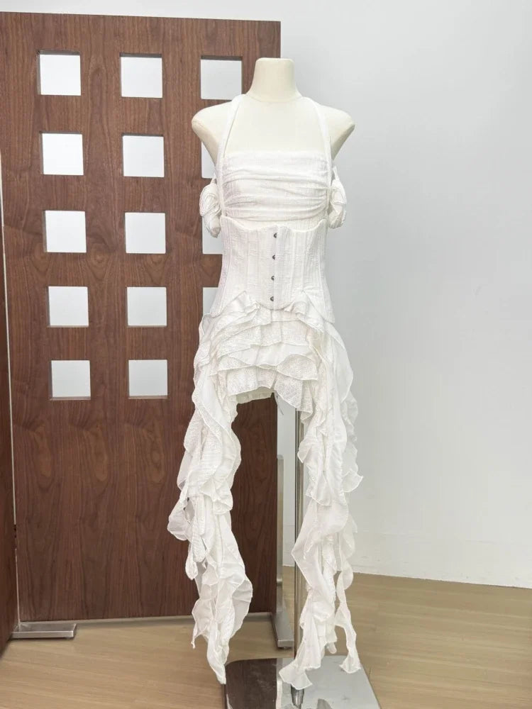 Women Sexy Short Dress Three Piece Sets Sexy Halter Neck Folds Ruffled Dress+Lace-up Corset Top+Shorts Suits Party Cocktail