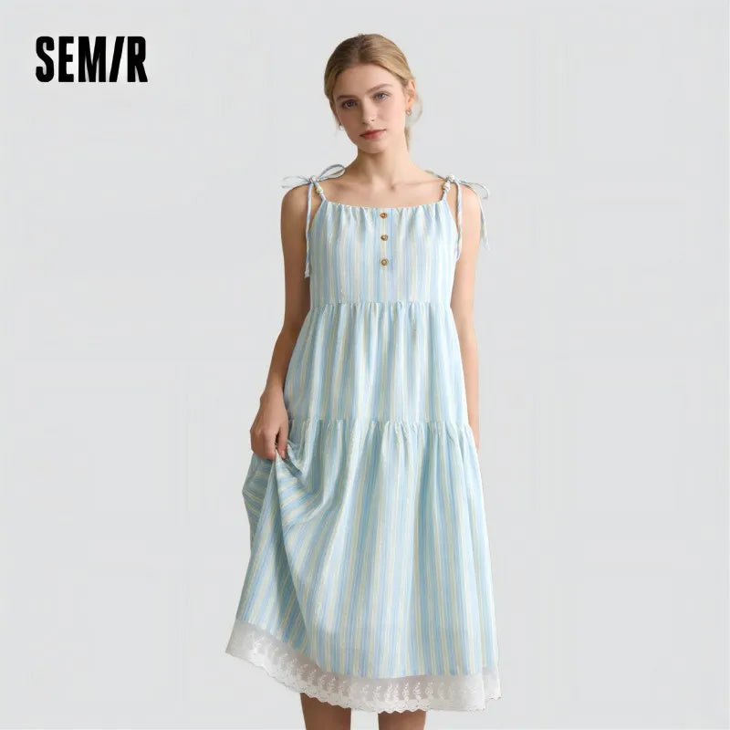 Semir Textured Striped Dress Women Sweet 2025 Summer New Vacation Style Lace Strapless Sundress