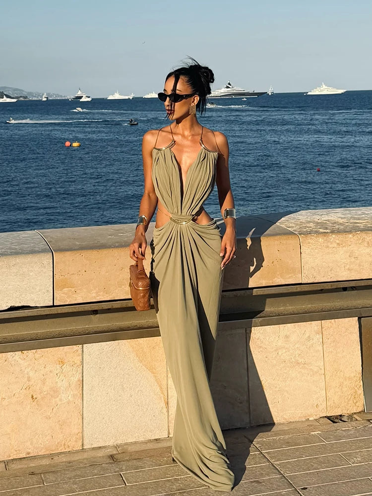 Sexy Women Dress Hollow Sleeveless Deep V Neck Big Backless Hip Package Long Dresses Elegant Summer New Beach Holiday Robes Lady
