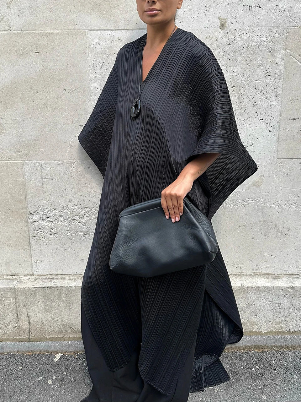 Miyake Pleated Medium Length V-neck Women's Loose Drooping Blouse Dress