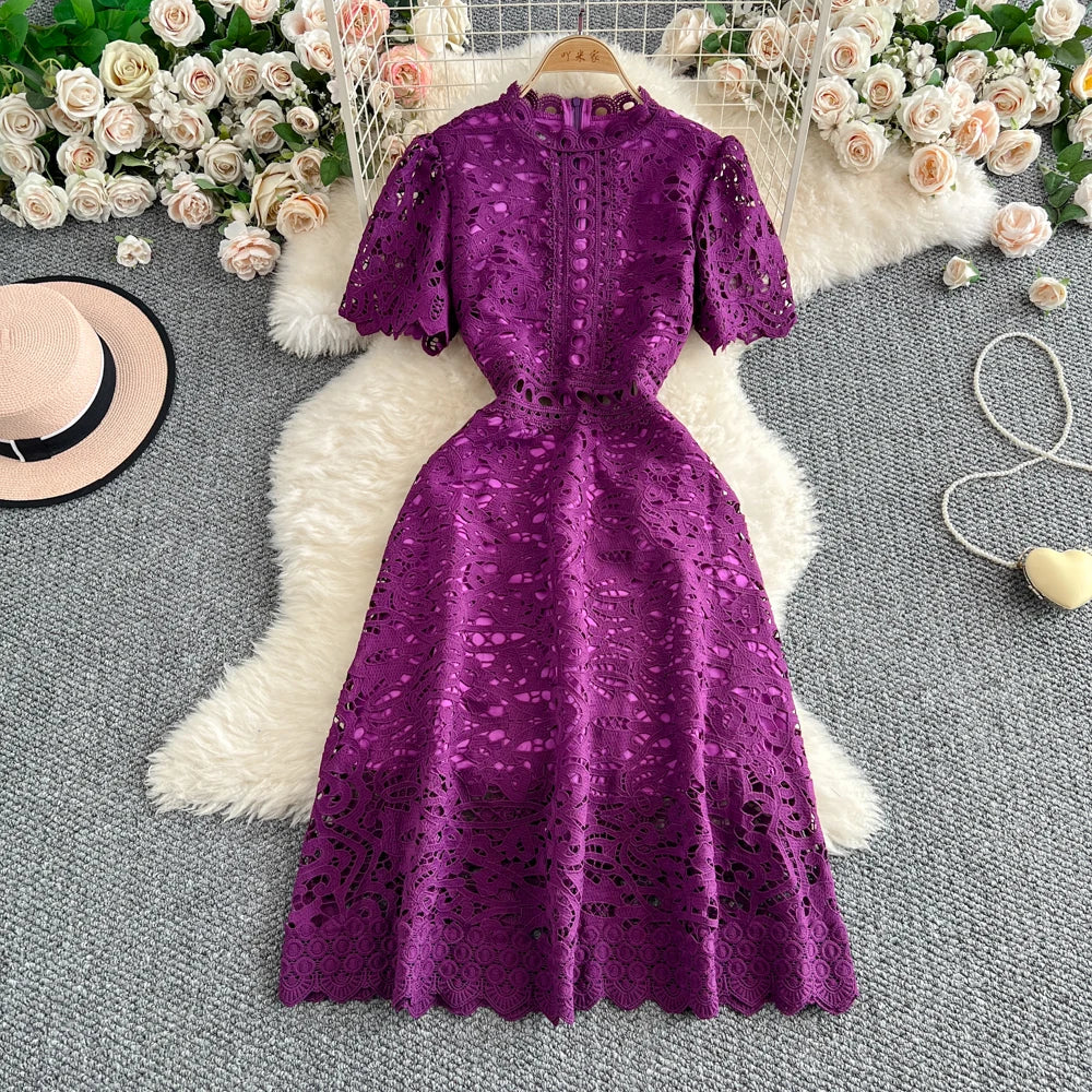Slimming ort Sve Hollow out Waist-Cinched Hook-Design Dres Women's Faionable New Arrival Spring Summer Korean Sle