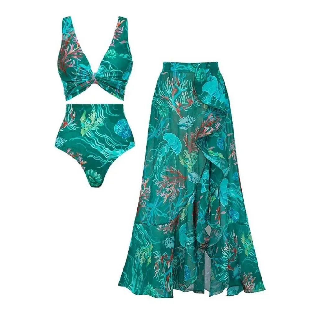 Flaxmaker Women Sexy Sleeveless Bikini Sets And Skirt Vintage Printed Reversible Mix and Match Marine Organism Bathing Suit