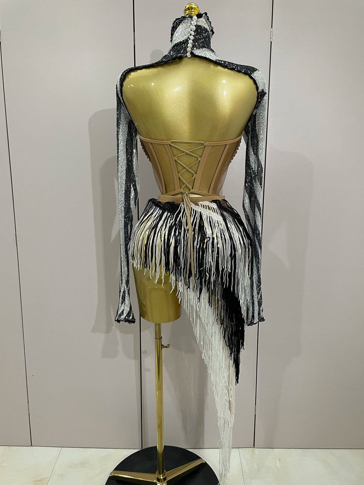 2025 New Shiny Diamond Sequin Tassels Sexy Mesh Long Sleeved Two Piece Set Women Evening Birthday Party Nightclub Stage Costume
