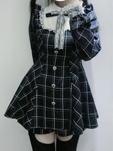 Womens Lolita Kawaii Sweet Lace Patchwork Plaid Dress Fairy Grunge Ruffled Long Sleeve Dresses Y2k Aesthetic Lolita Vestidos