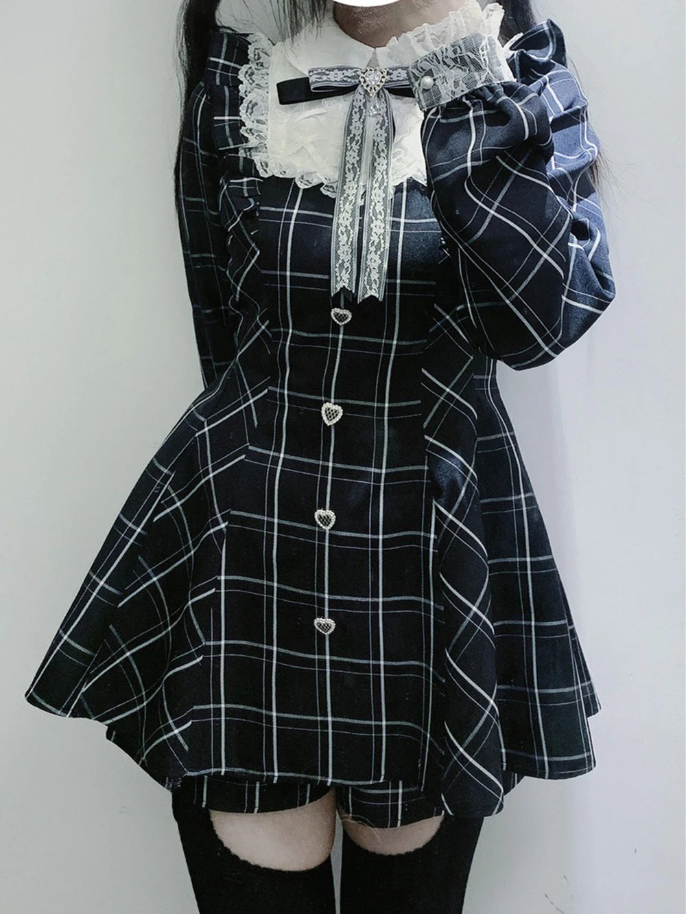 Womens Lolita Kawaii Sweet Lace Patchwork Plaid Dress Fairy Grunge Ruffled Long Sleeve Dresses Y2k Aesthetic Lolita Vestidos