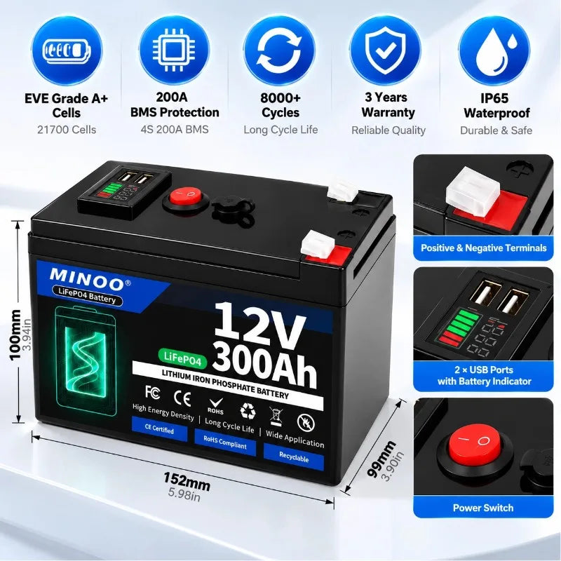 LIFEPO4 12V 21700 300AH Battery Is Integrated with BMS 200A for RV Solar External Rechargeable Network Lithium Iron Phosphate