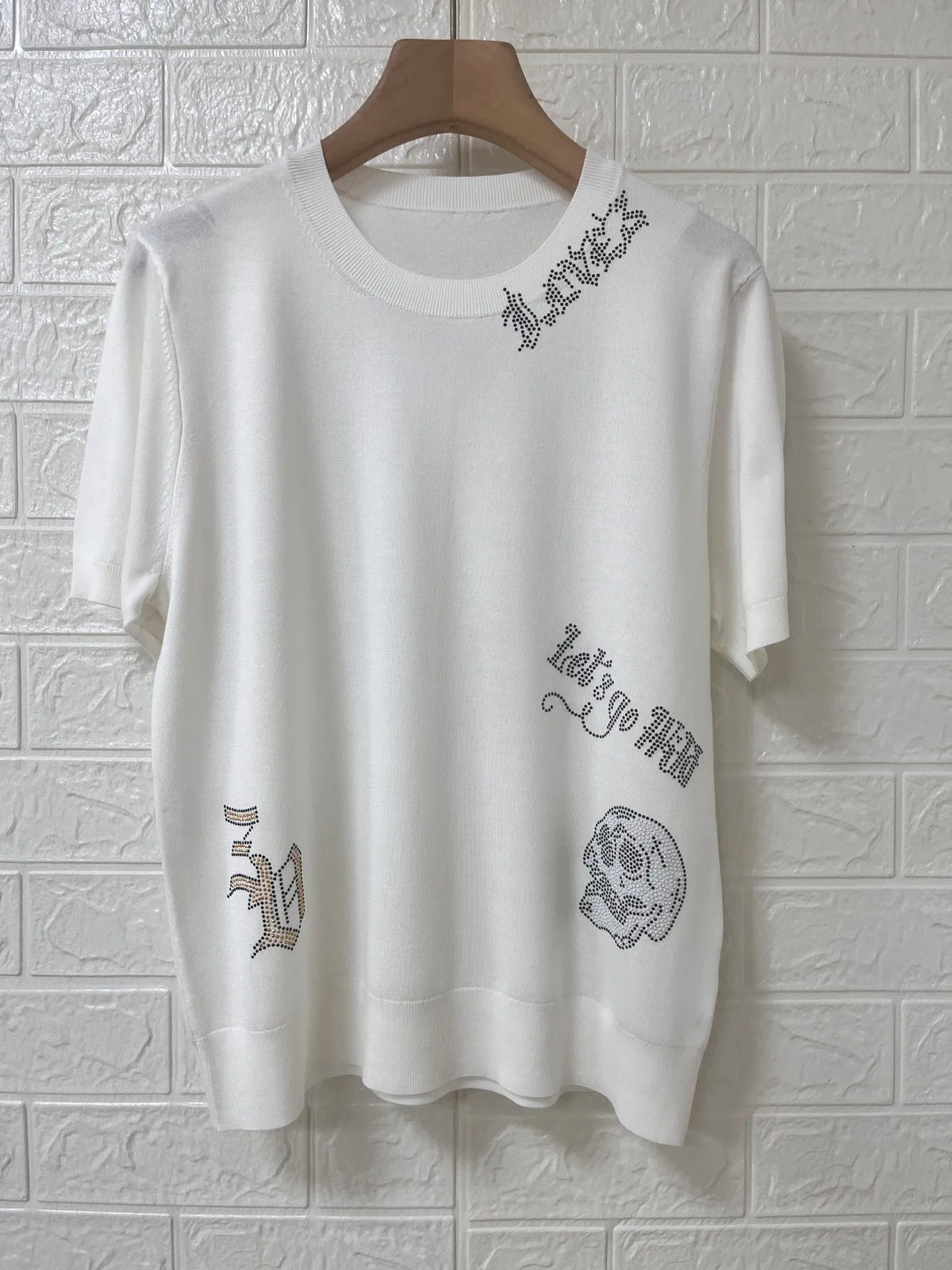 2026 Spring Summer Women Knit Thin Tshirt Skull Letter Rhinestone Short-sleeved Lady Round Neck Casual Knitted Tee