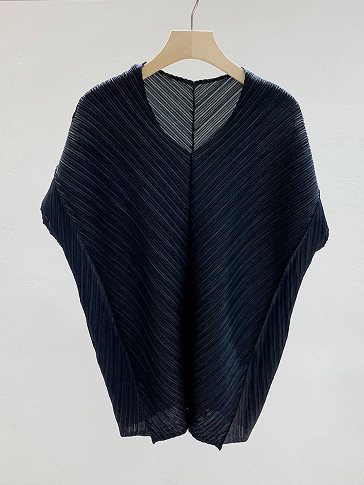 Miyake Pleated Drop Sleeves V-neck T-shirt Women's Korean Fashion Casual Tops Designer Aesthetic Clothing