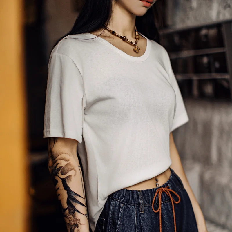 Maden New Casual Lightweight Short Sleeve T-Shirt Women's Summer Basic Crew Neck Tee Breathable Layering White Loose Fit Tops