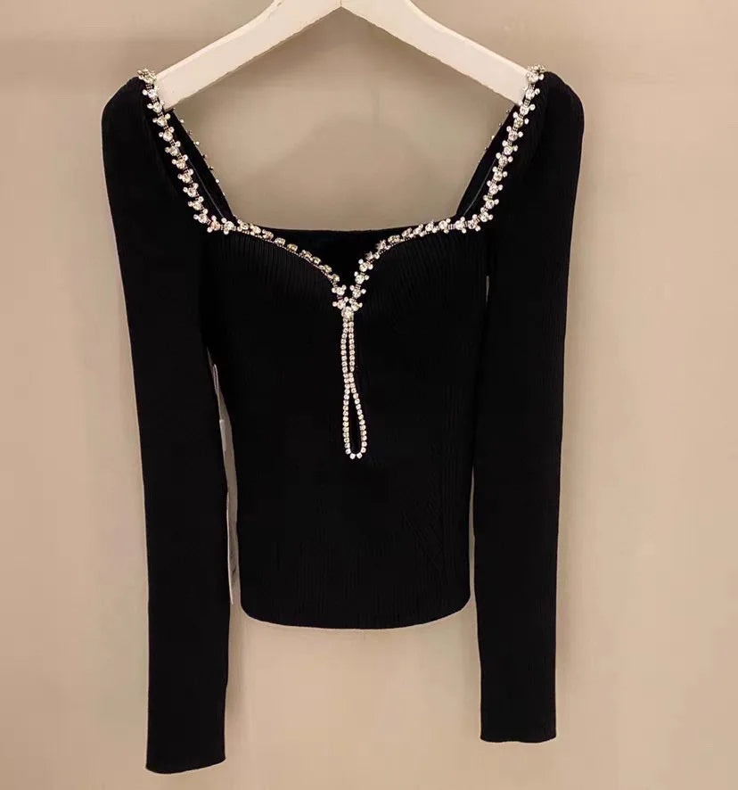 Women diamond trimmed knit blouse Square neck long sleeved solid slim fitting knit tops