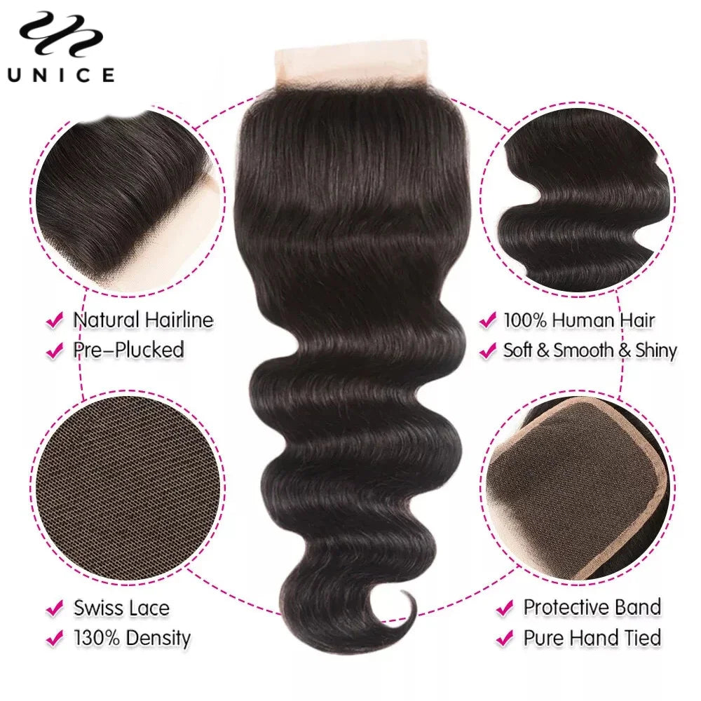 Unice Hair Body Wave Human Hair Bundles With Closure Natural Color 100% Human Hair 3/4 PCS Bundles With 4x4 Inch Lace Closure