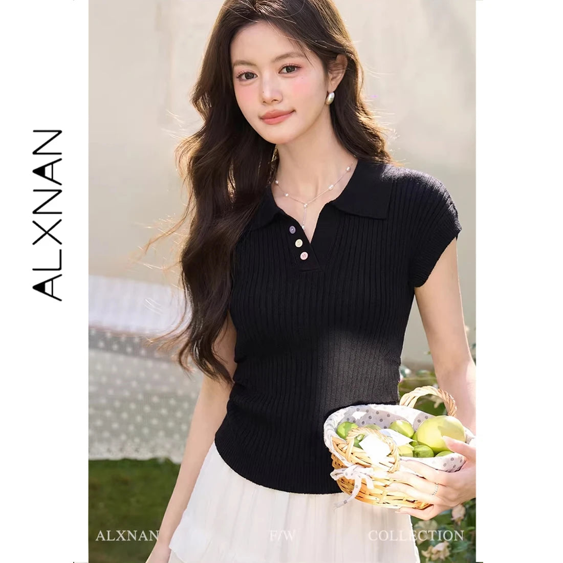 ALXNAN Women's T-shirt Lapel Elegant Casual Knitted Short Sleeve T-shirts 2026 Summer Loose-fit Waist Ruched Tops Female L56365