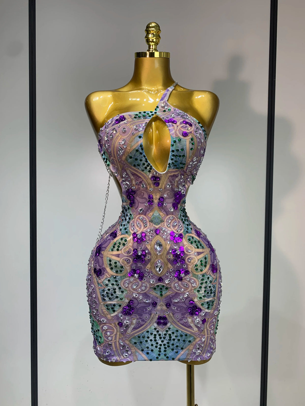 Sprakly Rhinestones Women Sexy Mesh See Through Hollow Out Mini Dresses Luxury Birthday Birthday Photo Shoot Performance Costume