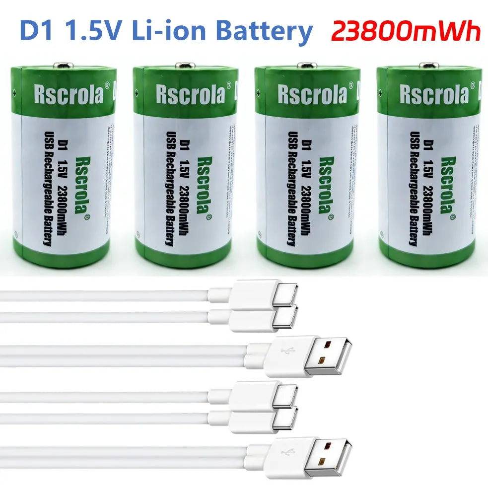 USB D Li-ion Rechargeable Batteries, High Capacity 1.5V 23800mWh Rechargeable D Battery, 4 H Fast Charge with Type C Port Cable
