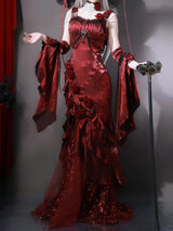 Red Rose Lolita Slimming Long Asymmetrical Fishtail Dress Lolita Halloween Muse Sexy Cos Suspender Dresses and Sleeves