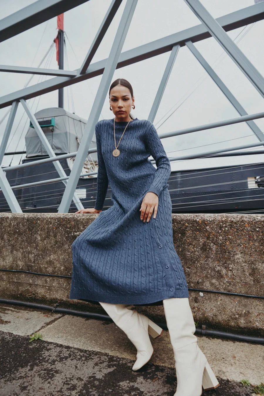 AS AW2025 cable knitting maxi dress soft Sweater round neck woman clothes with buttons