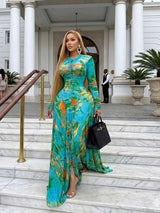 Long Maxi Dresses for Curvy Women Round Neck Spring Summer Dress Waist Slimming Floral Print Elegant Green Party Dresses Pleated