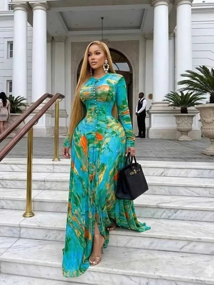 Long Maxi Dresses for Curvy Women Round Neck Spring Summer Dress Waist Slimming Floral Print Elegant Green Party Dresses Pleated