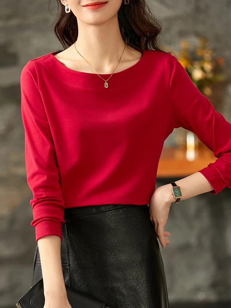 SENTUBILA Women's Cotton T-shirts 2026 Spring Autumn Simlple Long Sleeve Top Solid Basic Tee Shirts Female Pullovers 143T57728X