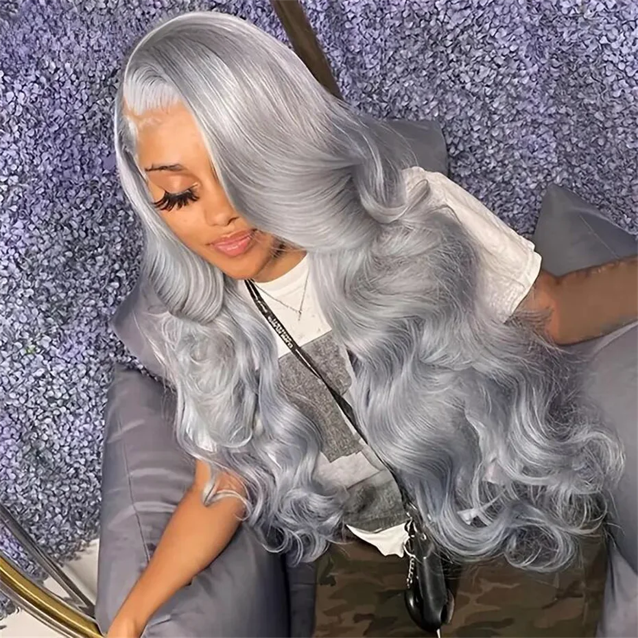 13x6 Silver Grey Colored Lace Front Wigs For Women Gray Long Body Wave Remy Transparent Lace Frontal Human Hair Wig Pre Plucked