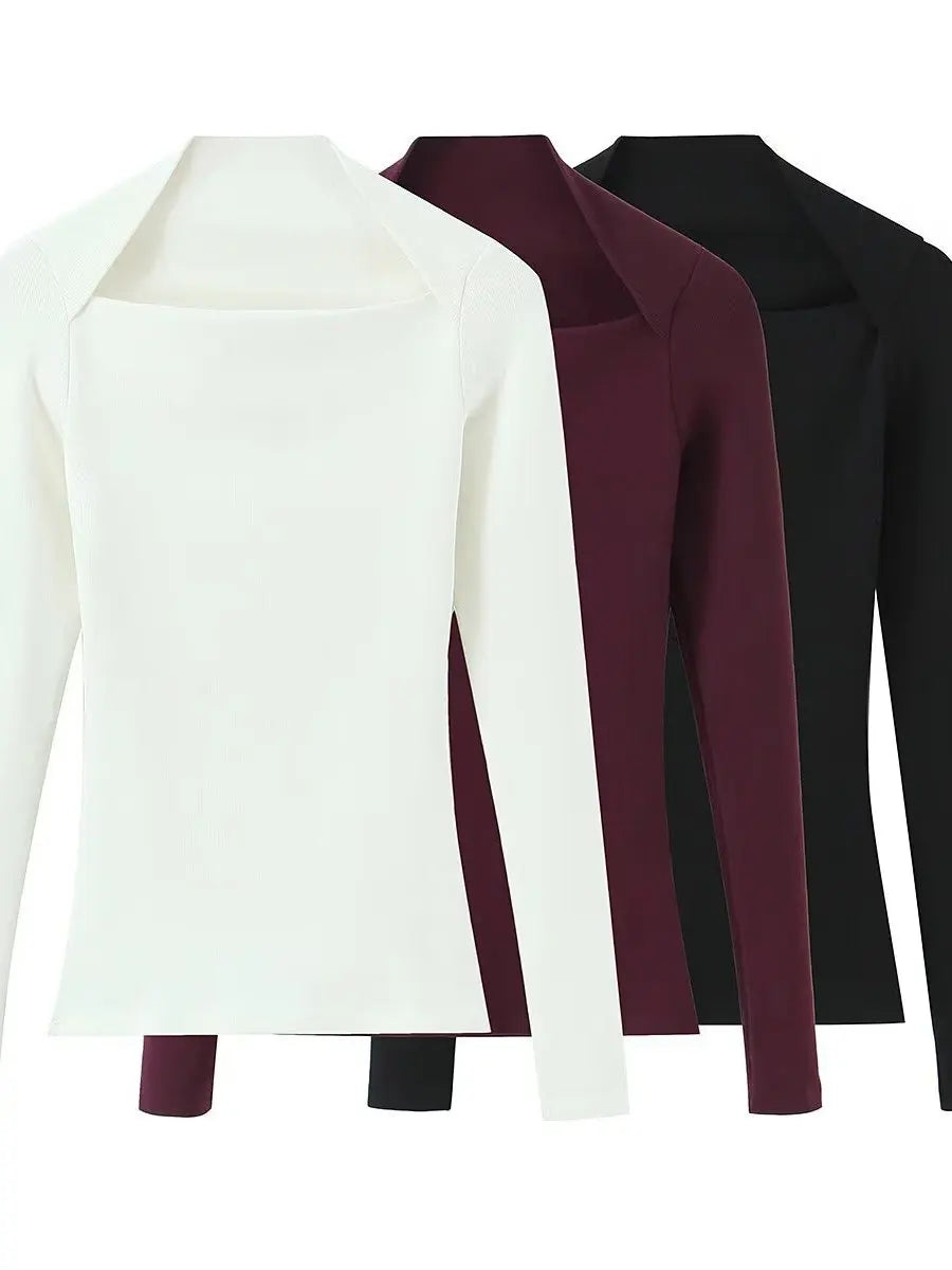 Women's Slim Fit Long Sleeve T-Shirt 2026 Summer New Style Multicolor Ribbed Square Collar Casual Cotton Thin Short Length