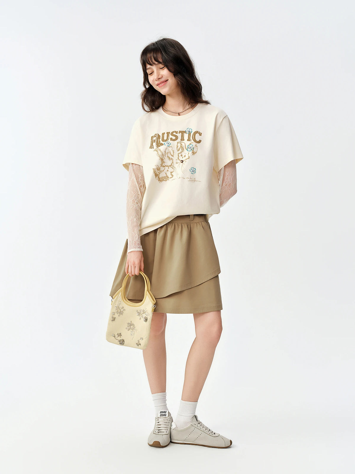 DUSHU Lace Patchwork Faux Two-piece Long Sleeve T-shirt Women Cartoon Printed Autumn 2026 Fashion Loose Top Leisure Designable