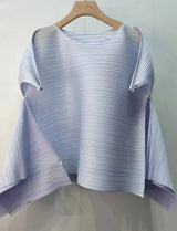 LANMREM Premium Pink Pleated Asymmetrical Women's T-shirt Batwing Sleeve Round Neck Loose Fit Daily Commute Pullover Top 2DB7499