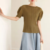 Summer New Pleated Fashion Simple Casual Style Thin T-shirt Temperament Commuting Formal Occasions Commuter Tops