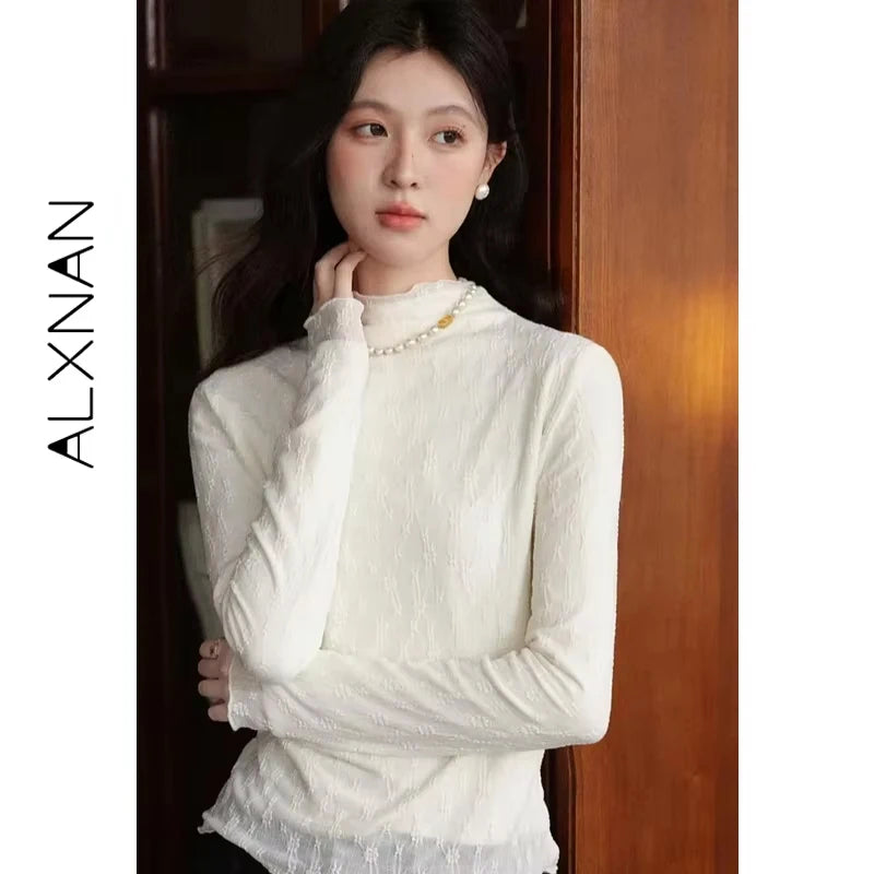 ALXNAN Women's Long-sleeve T-Shirt New Autumn Inner Lining Turtleneck Button Decoration Slim Versatile Pullover L57528-1 L58908