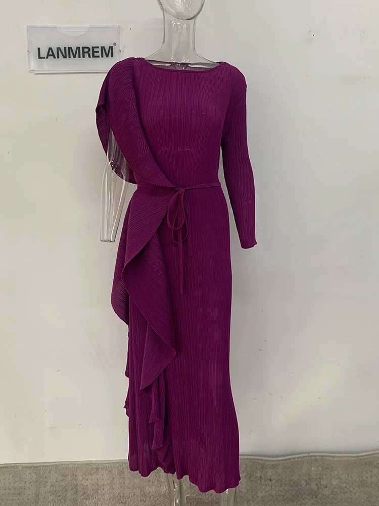 LANMREM Irregular Ruffled Pleated Maxi Dress Women Solid Color Round Neck Women's Elegant Festival Clothing 2024 Summer 2DA1460